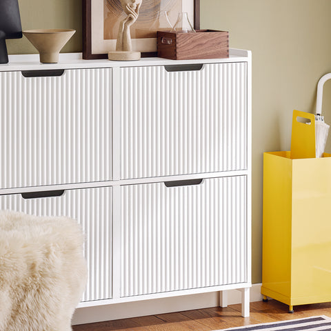 SoBuy FSR177-L-W Schoenenkast met 4 kleppen schoenenkast smal schoenenrek met 8 legplanken schoenencommode schoenenrek wit