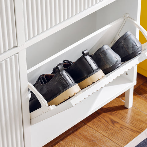 SoBuy FSR177-L-W Schoenenkast met 4 kleppen schoenenkast smal schoenenrek met 8 legplanken schoenencommode schoenenrek wit