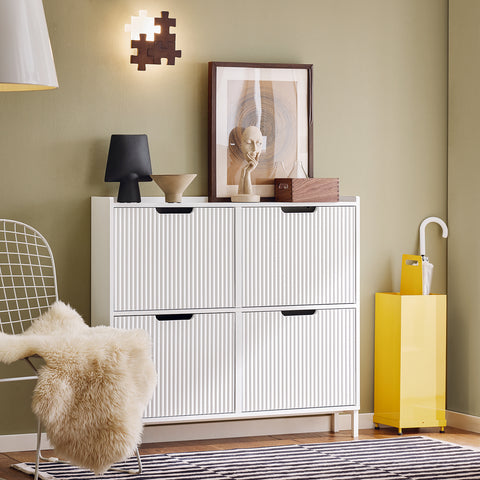 SoBuy FSR177-L-W Schoenenkast met 4 kleppen schoenenkast smal schoenenrek met 8 legplanken schoenencommode schoenenrek wit
