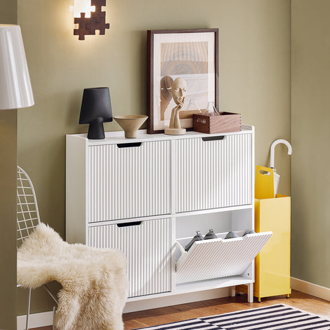SoBuy FSR177-L-W Schoenenkast met 4 kleppen schoenenkast smal schoenenrek met 8 legplanken schoenencommode schoenenrek wit