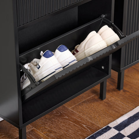 SoBuy FSR177-SCH Schoenenkast met 2 kleppen schoenenkast smal schoenenrek met 4 legplanken schoenencommode schoenenrek zwart