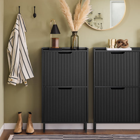 SoBuy FSR177-SCH Schoenenkast met 2 kleppen schoenenkast smal schoenenrek met 4 legplanken schoenencommode schoenenrek zwart