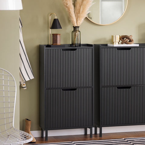 SoBuy FSR177-SCH Schoenenkast met 2 kleppen schoenenkast smal schoenenrek met 4 legplanken schoenencommode schoenenrek zwart