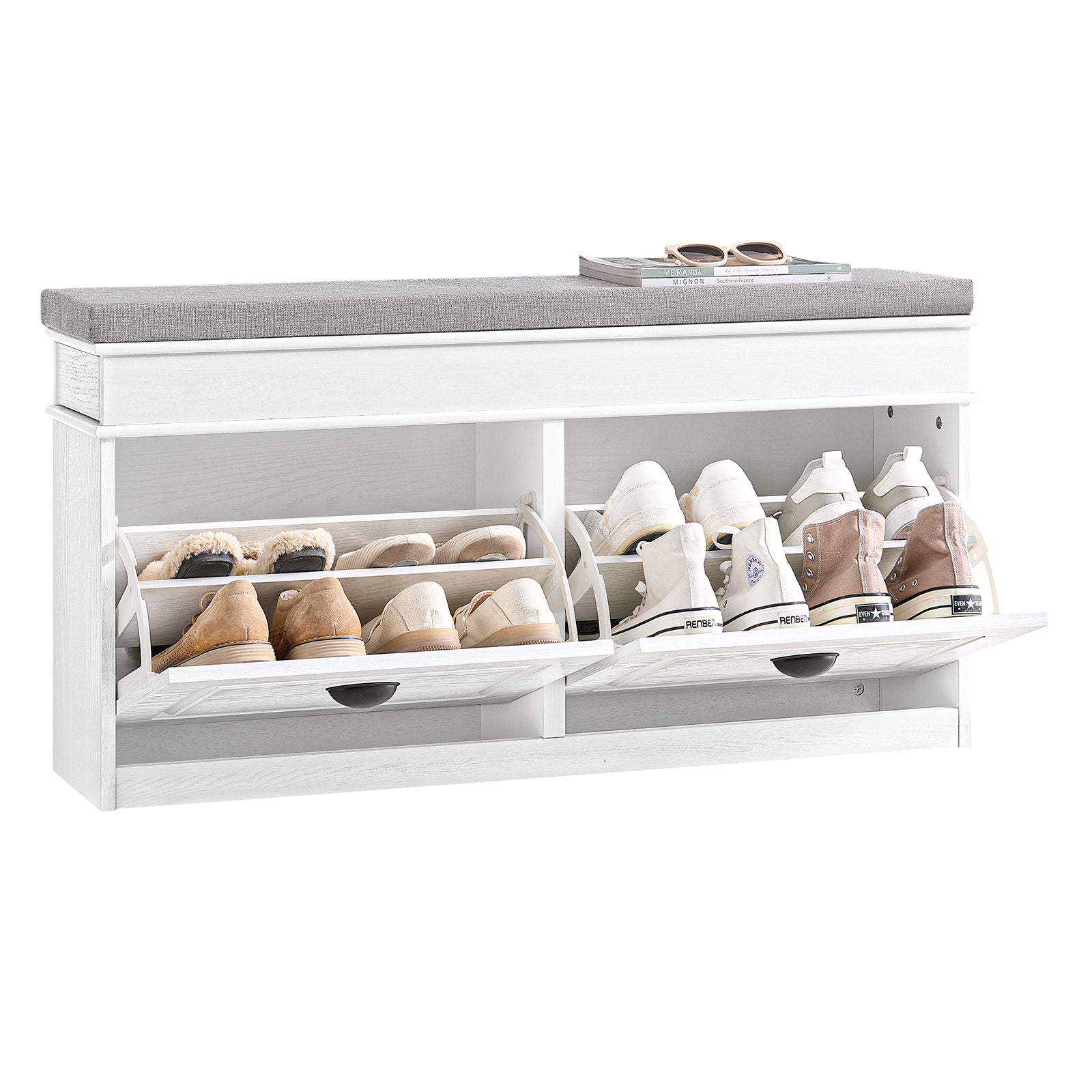 SoBuy Schoenenkast met 4 Kleppen, Schoenenrek, Schoenenkipper met 8 Planken, Schoenenmeubel, Schoenenopbergmeubel, Entree Meubel, Zwart, 105x82x24cm, FSR79-SCH
