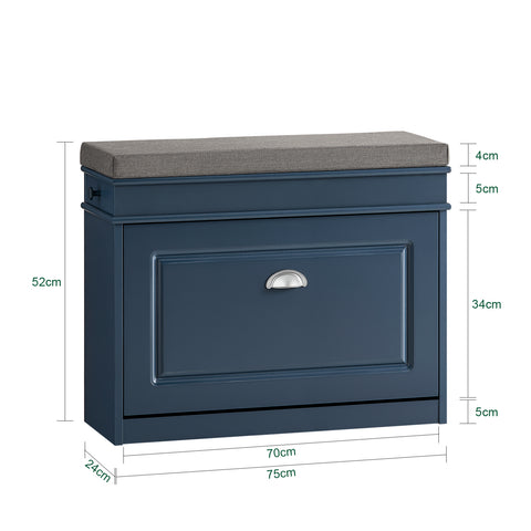 SoBuy FSR82-L-B Schoenenbank, schoenenkast, halmeubel, kist met 1 klep, 1 kussen, 1 lade en 1 haak, blauw, 75 x 24 x 52 cm