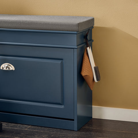 SoBuy FSR82-L-B Schoenenbank, schoenenkast, halmeubel, kist met 1 klep, 1 kussen, 1 lade en 1 haak, blauw, 75 x 24 x 52 cm