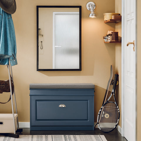 SoBuy FSR82-L-B Schoenenbank, schoenenkast, halmeubel, kist met 1 klep, 1 kussen, 1 lade en 1 haak, blauw, 75 x 24 x 52 cm