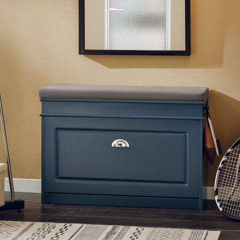 SoBuy FSR82-L-B Schoenenbank, schoenenkast, halmeubel, kist met 1 klep, 1 kussen, 1 lade en 1 haak, blauw, 75 x 24 x 52 cm