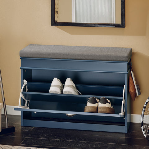 SoBuy FSR82-L-B Schoenenbank, schoenenkast, halmeubel, kist met 1 klep, 1 kussen, 1 lade en 1 haak, blauw, 75 x 24 x 52 cm