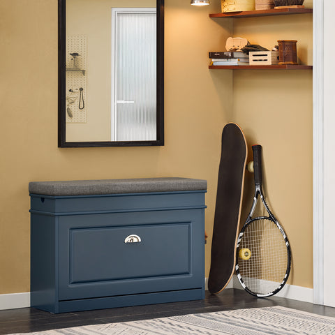 SoBuy FSR82-L-B Schoenenbank, schoenenkast, halmeubel, kist met 1 klep, 1 kussen, 1 lade en 1 haak, blauw, 75 x 24 x 52 cm