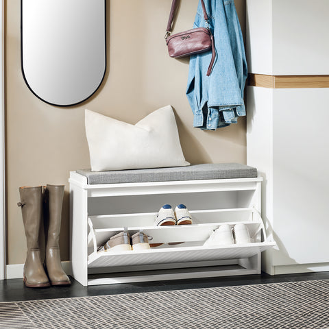 SoBuy FSR98-L-W Schoenenkast Schoenenkast met klep Schoenbank met zitkussen Schoencommode Zitbank lichtgrijs BHT ca. 80x45x26cm