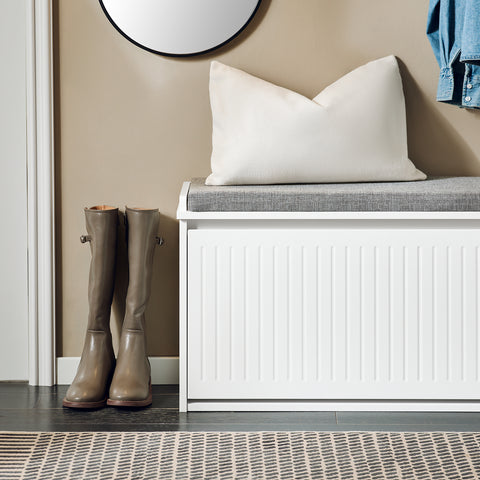 SoBuy FSR98-L-W Schoenenkast Schoenenkast met klep Schoenbank met zitkussen Schoencommode Zitbank lichtgrijs BHT ca. 80x45x26cm