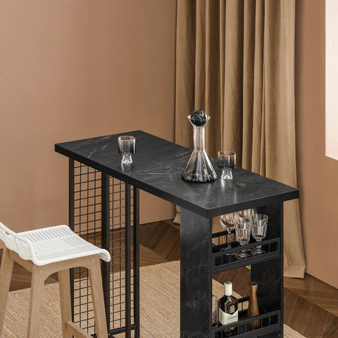 SoBuy FWT100-SCH Design Bartafel, Eettafel, Keukentafel, Bistrotafel met 3 Planken, Hoge Tafel met Houders voor Wijnglazen en Flessen