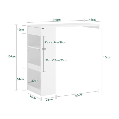 SoBuy FWT101-W Bartafel, Eettafel, Keukentafel, Bistrotafel, Hoge Tafel, Tafel met Opbergrek