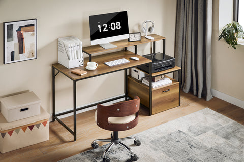 SoBuy FWT103-PF Bureau met 3 planken computertafel bureau werktafel voor thuiskantoor hoekbureau industrieel design