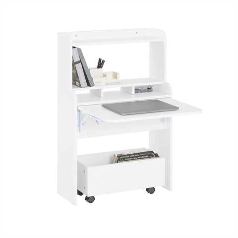 SoBuy FWT105-W Opvouwbaar bureau, opklapbare computertafel, multifunctioneel bureau met opbergplanken en 1 opbergdoos op wielen