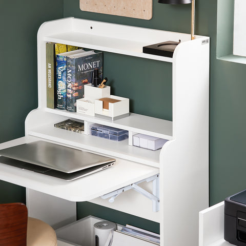 SoBuy FWT105-W Opvouwbaar bureau, opklapbare computertafel, multifunctioneel bureau met opbergplanken en 1 opbergdoos op wielen