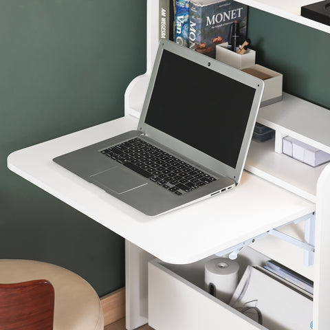 SoBuy FWT105-W Opvouwbaar bureau, opklapbare computertafel, multifunctioneel bureau met opbergplanken en 1 opbergdoos op wielen