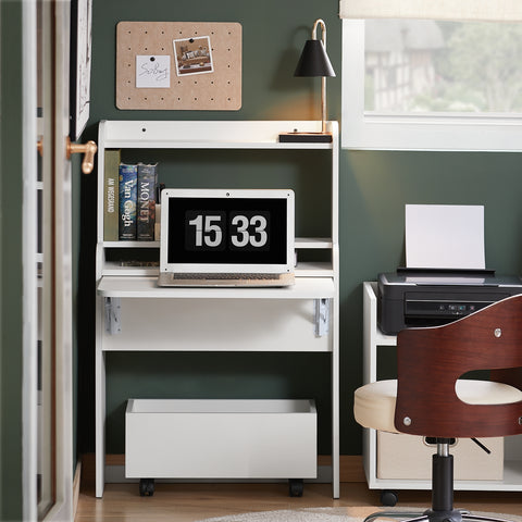 SoBuy FWT105-W Opvouwbaar bureau, opklapbare computertafel, multifunctioneel bureau met opbergplanken en 1 opbergdoos op wielen