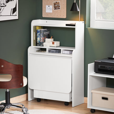 SoBuy FWT105-W Opvouwbaar bureau, opklapbare computertafel, multifunctioneel bureau met opbergplanken en 1 opbergdoos op wielen