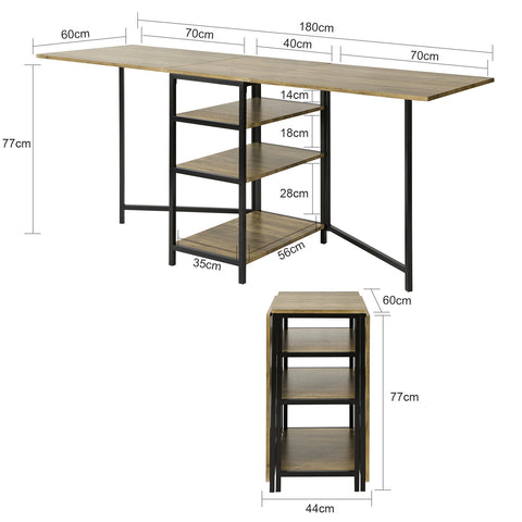 SoBuy FWT62-N klaptafel met 2 kleppen en 3 opslagplanken, Opvouwbare Keukentafel, Opklapbare Eettafel, Ruimtebesparend