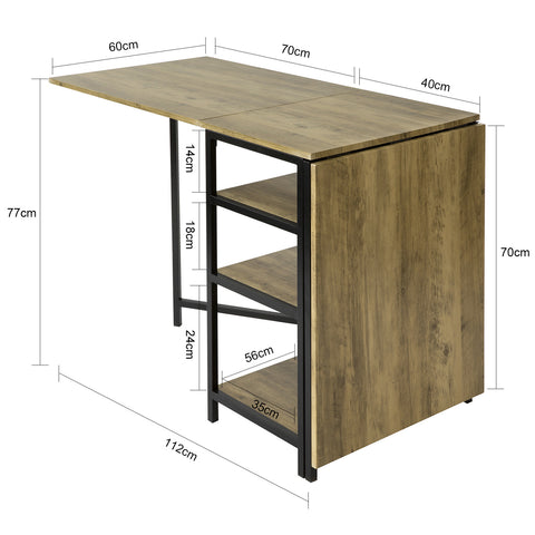 SoBuy FWT62-N klaptafel met 2 kleppen en 3 opslagplanken, Opvouwbare Keukentafel, Opklapbare Eettafel, Ruimtebesparend
