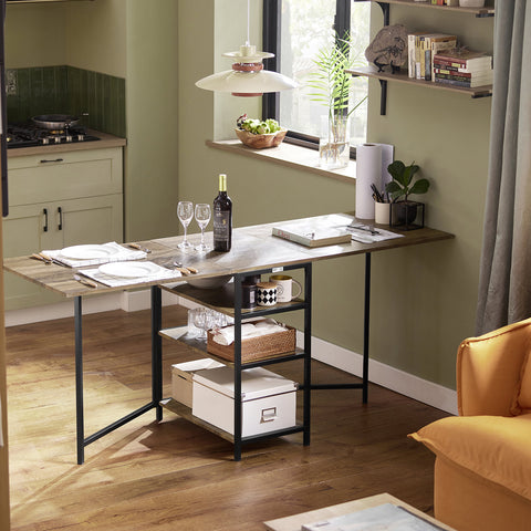 SoBuy FWT62-N klaptafel met 2 kleppen en 3 opslagplanken, Opvouwbare Keukentafel, Opklapbare Eettafel, Ruimtebesparend