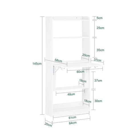 SoBuy FWT92-H-W Schrijftafel inklapbaar computertafel met planken klaptafel werktafel bureau voor thuiskantoor wandtafel laptoptafel