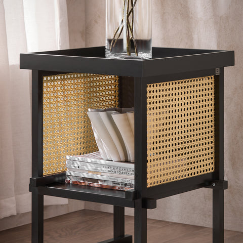 SoBuy HFBT03-SCH Design bijzettafel, vierkante salontafel, bankpunt, nachtkastje met open vak, frame van bamboe, zwart en geel