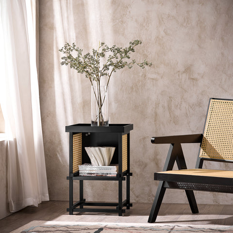 SoBuy HFBT03-SCH Design bijzettafel, vierkante salontafel, bankpunt, nachtkastje met open vak, frame van bamboe, zwart en geel