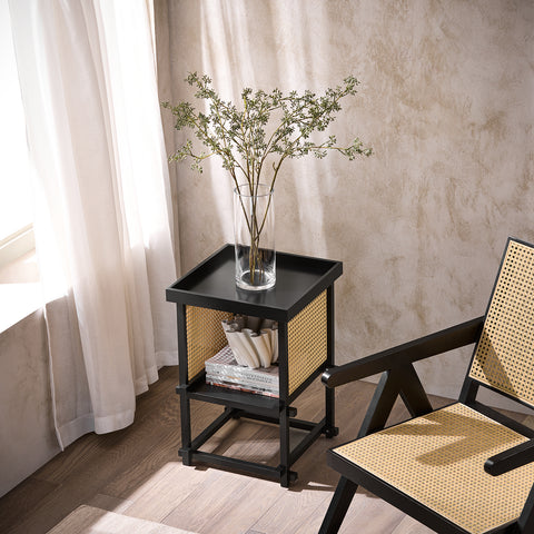 SoBuy HFBT03-SCH Design bijzettafel, vierkante salontafel, bankpunt, nachtkastje met open vak, frame van bamboe, zwart en geel