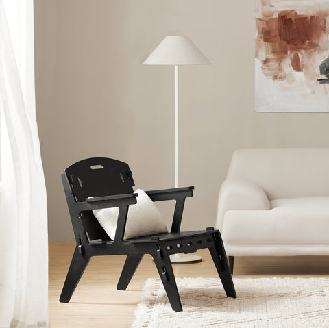 SoBuy HFST02-SCH Designstoel, Eetkamerstoel, Bureaustoel, Comfortabele Ergonomische, met Rugleuning, Zithoogte 35 cm, Structuur Pen-en-Gat, Hout, Zwart