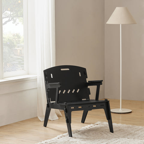 SoBuy HFST02-SCH Designstoel, Eetkamerstoel, Bureaustoel, Comfortabele Ergonomische, met Rugleuning, Zithoogte 35 cm, Structuur Pen-en-Gat, Hout, Zwart