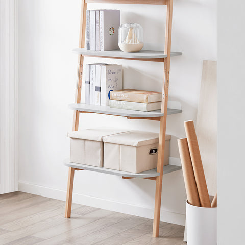 SoBuy HSTR02-HG Ladderrek, Boekenkast met 4 Niveaus, Opbergrek, Opbergkast op poten, Wandboekenkast