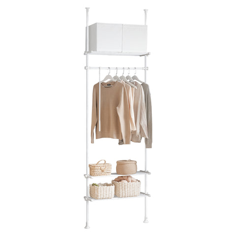SoBuy KLS07-W Kledingrek Telescopisch Opbergsysteem met 1 Bar 3 Planken en 1 Vorkkleding - Staal Plastic ââââ‚?Wit