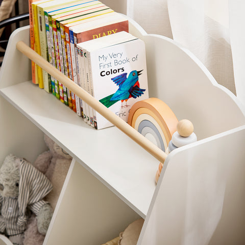 SoBuy KMB100-K-W Kinderboekenkast, boekenkast, opbergrek, speelgoed voor kinderen, opbergkast op poten voor kinderkamer, 2 open vakken