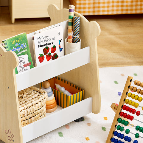SoBuy KMB103-WN Boekenrek voor kinderen, speelgoedrek, boekenkast met wielen voor kinderkamer en speelkamer