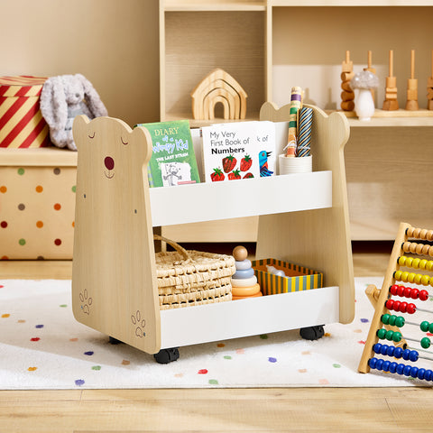 SoBuy KMB103-WN Boekenrek voor kinderen, speelgoedrek, boekenkast met wielen voor kinderkamer en speelkamer