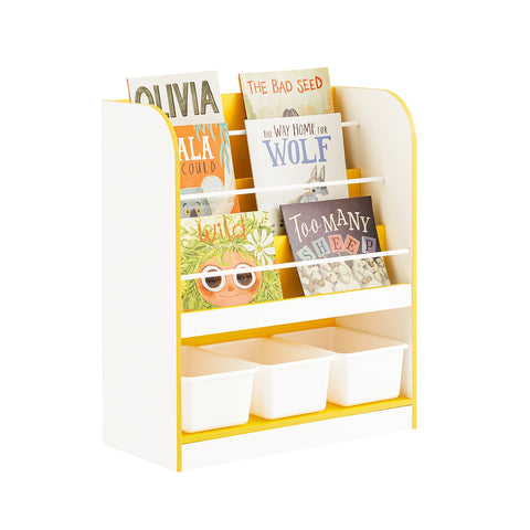 SoBuy KMB108-G Boeken- en speelgoedrek, kinderboekenkast, opbergrek voor kinderkamer, opbergkast voor speelgoed en boeken, 3 vakken en 3 afneembare dozen