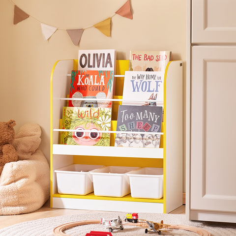 SoBuy KMB108-G Boeken- en speelgoedrek, kinderboekenkast, opbergrek voor kinderkamer, opbergkast voor speelgoed en boeken, 3 vakken en 3 afneembare dozen