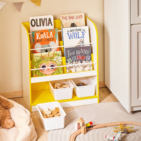 SoBuy KMB108-G Boeken- en speelgoedrek, kinderboekenkast, opbergrek voor kinderkamer, opbergkast voor speelgoed en boeken, 3 vakken en 3 afneembare dozen