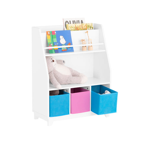 SoBuy KMB34-F Kinderboekenkast met opbergvakken en 3 dozen speelgoedrek opbergrek voor kinderen speelgoed organizer