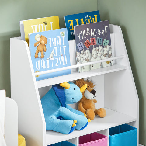 SoBuy KMB34-F Kinderboekenkast met opbergvakken en 3 dozen speelgoedrek opbergrek voor kinderen speelgoed organizer