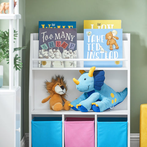 SoBuy KMB34-F Kinderboekenkast met opbergvakken en 3 dozen speelgoedrek opbergrek voor kinderen speelgoed organizer