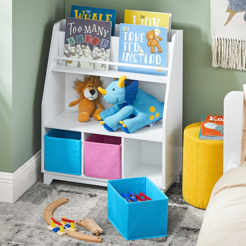 SoBuy KMB34-F Kinderboekenkast met opbergvakken en 3 dozen speelgoedrek opbergrek voor kinderen speelgoed organizer