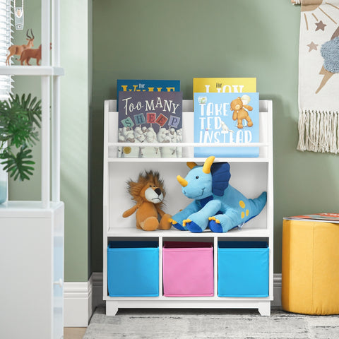 SoBuy KMB34-F Kinderboekenkast met opbergvakken en 3 dozen speelgoedrek opbergrek voor kinderen speelgoed organizer