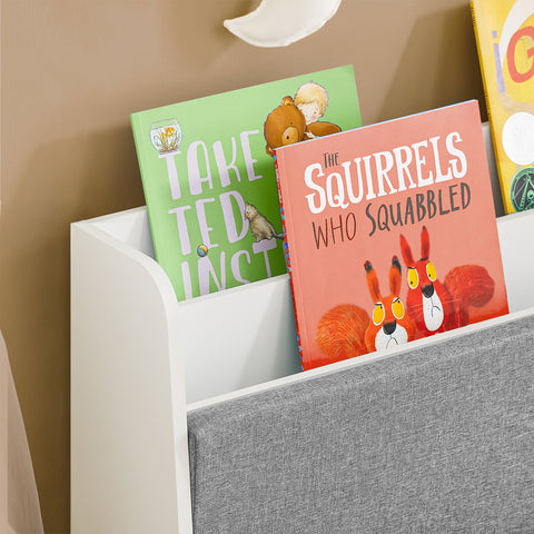 SoBuy KMB66-W Kinderopbergbank met Boekenkast, 2 Laden op Zwenkwielen en Zitkussen, Kinderboekenkast, Boekenkast, Speelgoedkast
