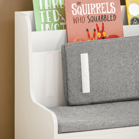SoBuy KMB66-W Kinderopbergbank met Boekenkast, 2 Laden op Zwenkwielen en Zitkussen, Kinderboekenkast, Boekenkast, Speelgoedkast