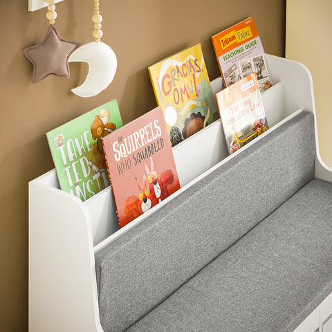 SoBuy KMB66-W Kinderopbergbank met Boekenkast, 2 Laden op Zwenkwielen en Zitkussen, Kinderboekenkast, Boekenkast, Speelgoedkast