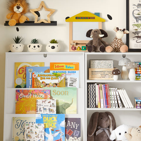 SoBuy KMB69-W Boekenrek voor Kinderen, Kinderboekenkast, Kinderrek, Kinderplank, Boekenplank, Speelgoedplankmet 3 Planken en 2 Opbergdozen
